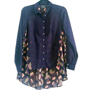 Maeve Anthropologie Sheer Navy & Floral Pattern Blouse • Hi-Lo • EUC